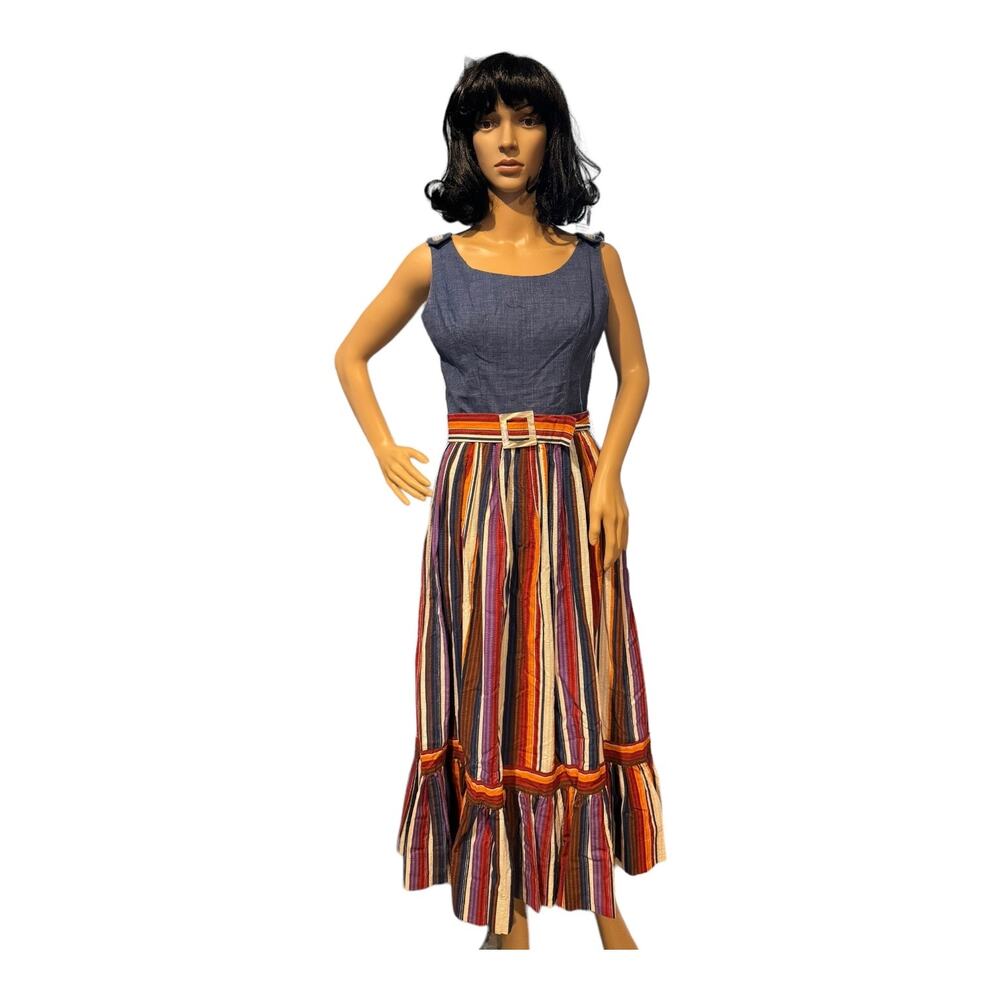 Vintage 1970s PLW Denim & Striped Prairie Midi Dress Boho Belted